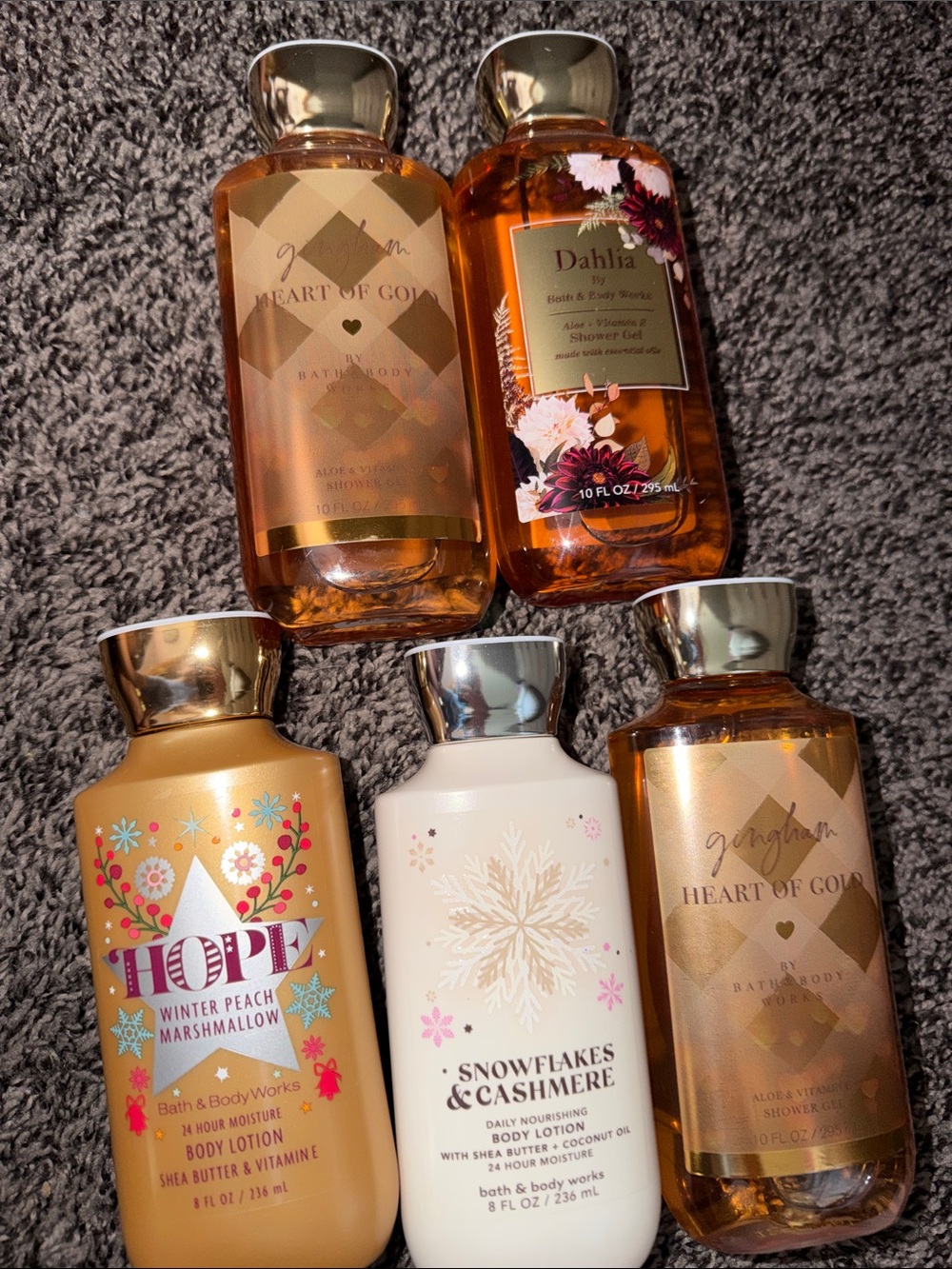 5 NEW bath and body works items - (2) body lotions & (3) shower gels